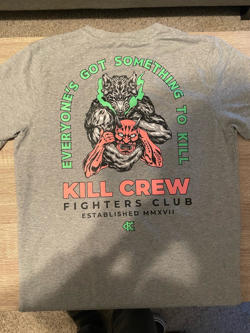 Kill Crew Heather Gray Short Sleeve Tee with Neon Green & Coral Graphic